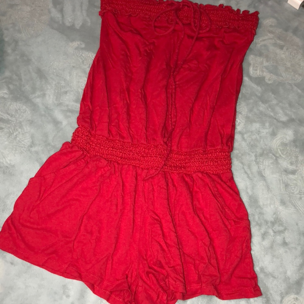 Strapless Express Red Romper - side pockets